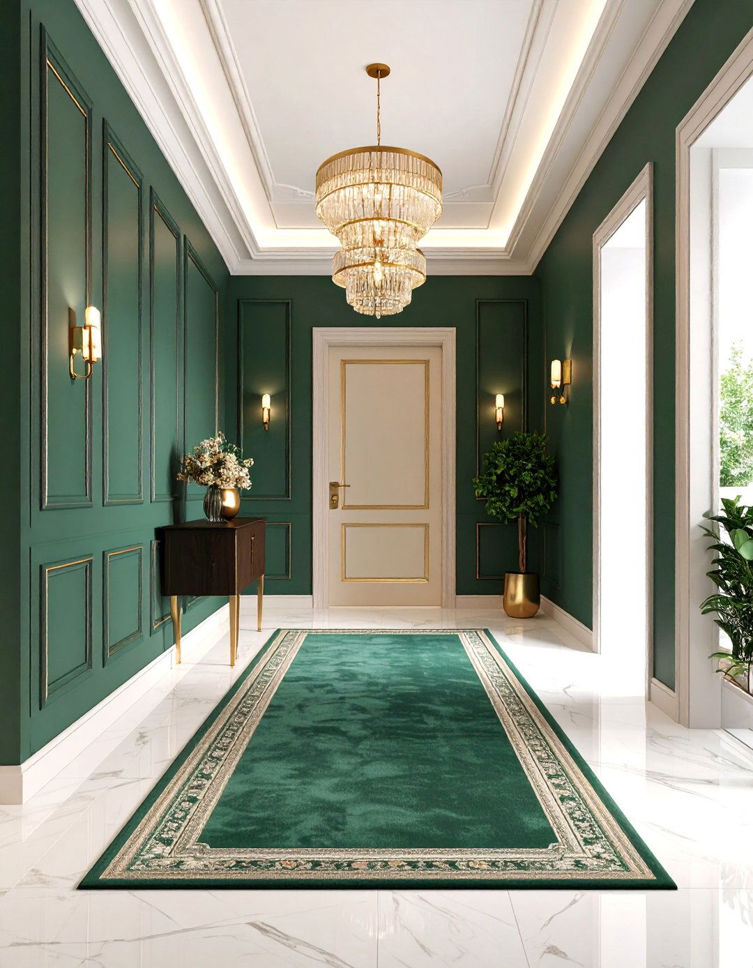 Dark Forest Green Hallway with Gold Accents - 25 Green Hallway Ideas
