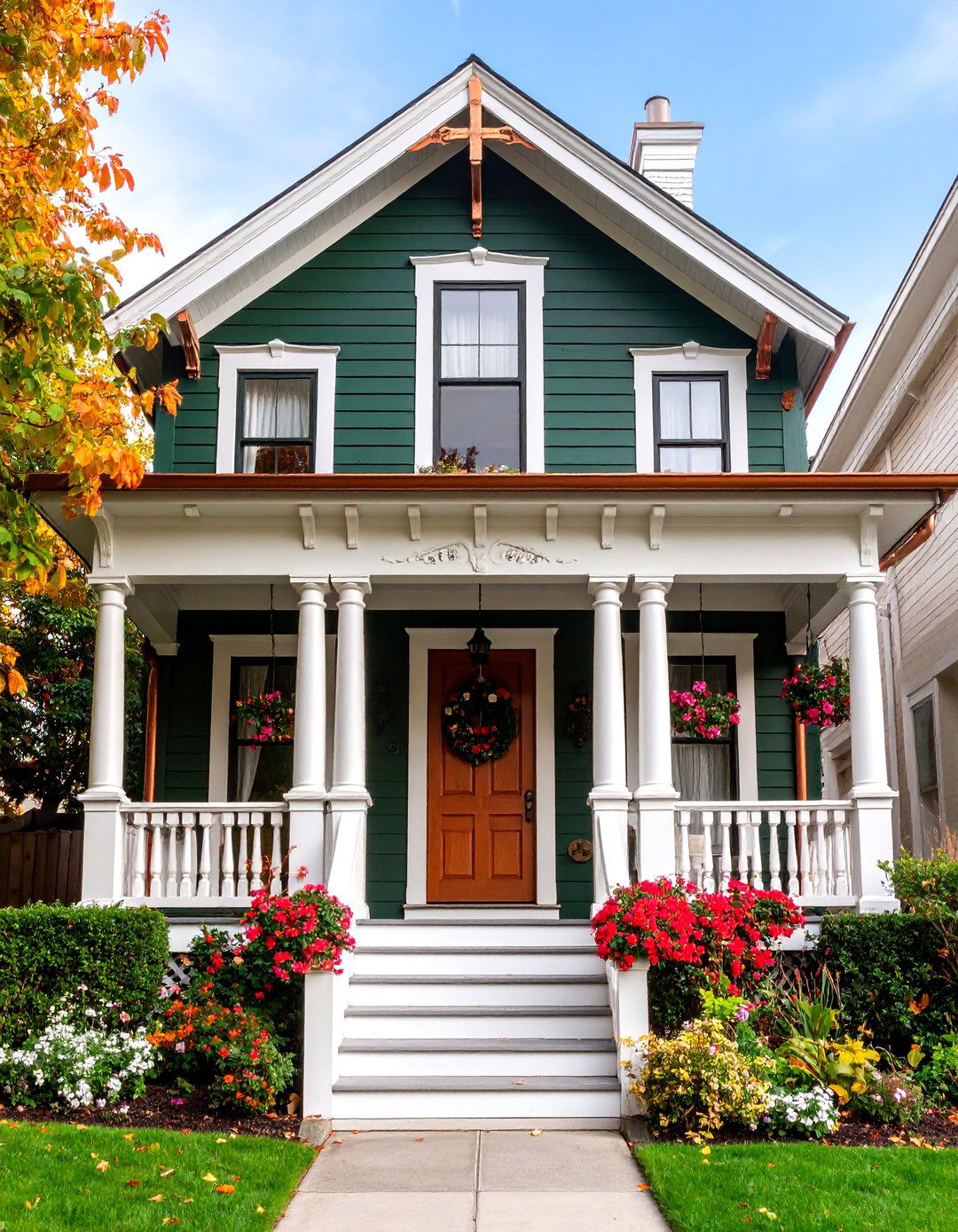 Dark Forest Green Victorian with Copper Details - 25 Green Exterior House Paint Ideas
