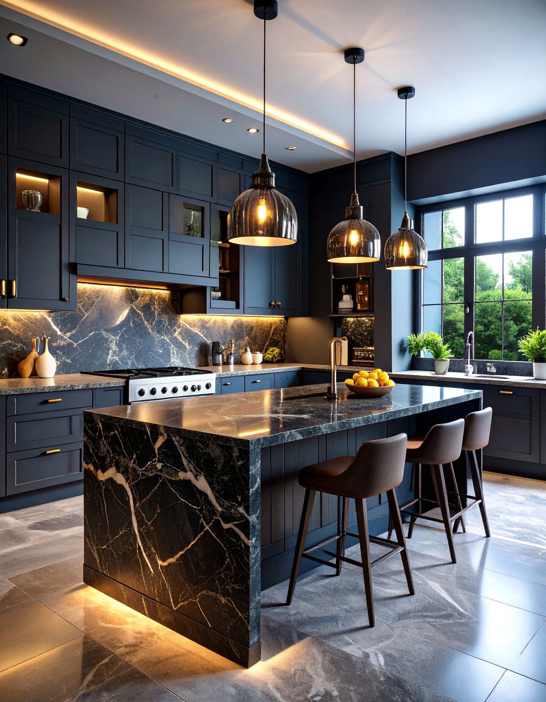 Dark Granite Gothic Kitchen with Dramatic Lighting - 25 Gothic Kitchen Ideas
