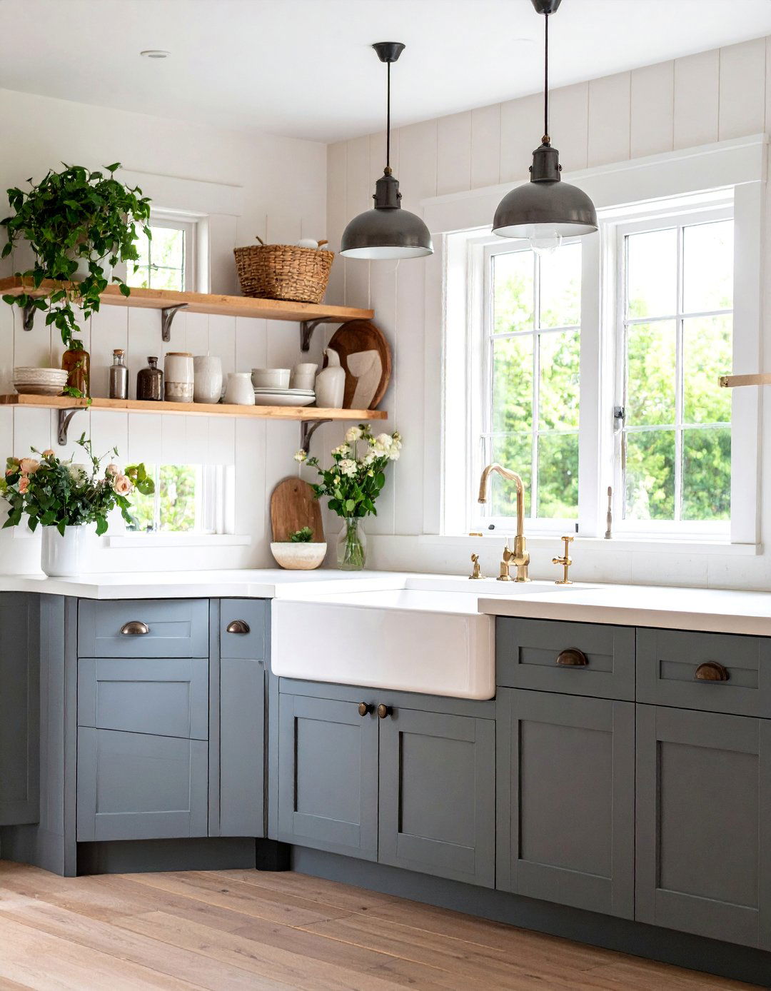 Dark Gray Cabinets with White Farmhouse Sink - 25 Farmhouse Kitchen With Gray Cabinets Ideas