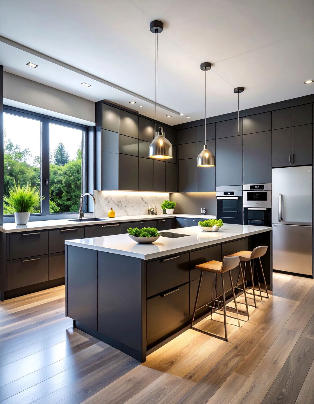 Dark Gray Contemporary Kitchen with Glass Front Cabinets - 25 Gray Kitchens