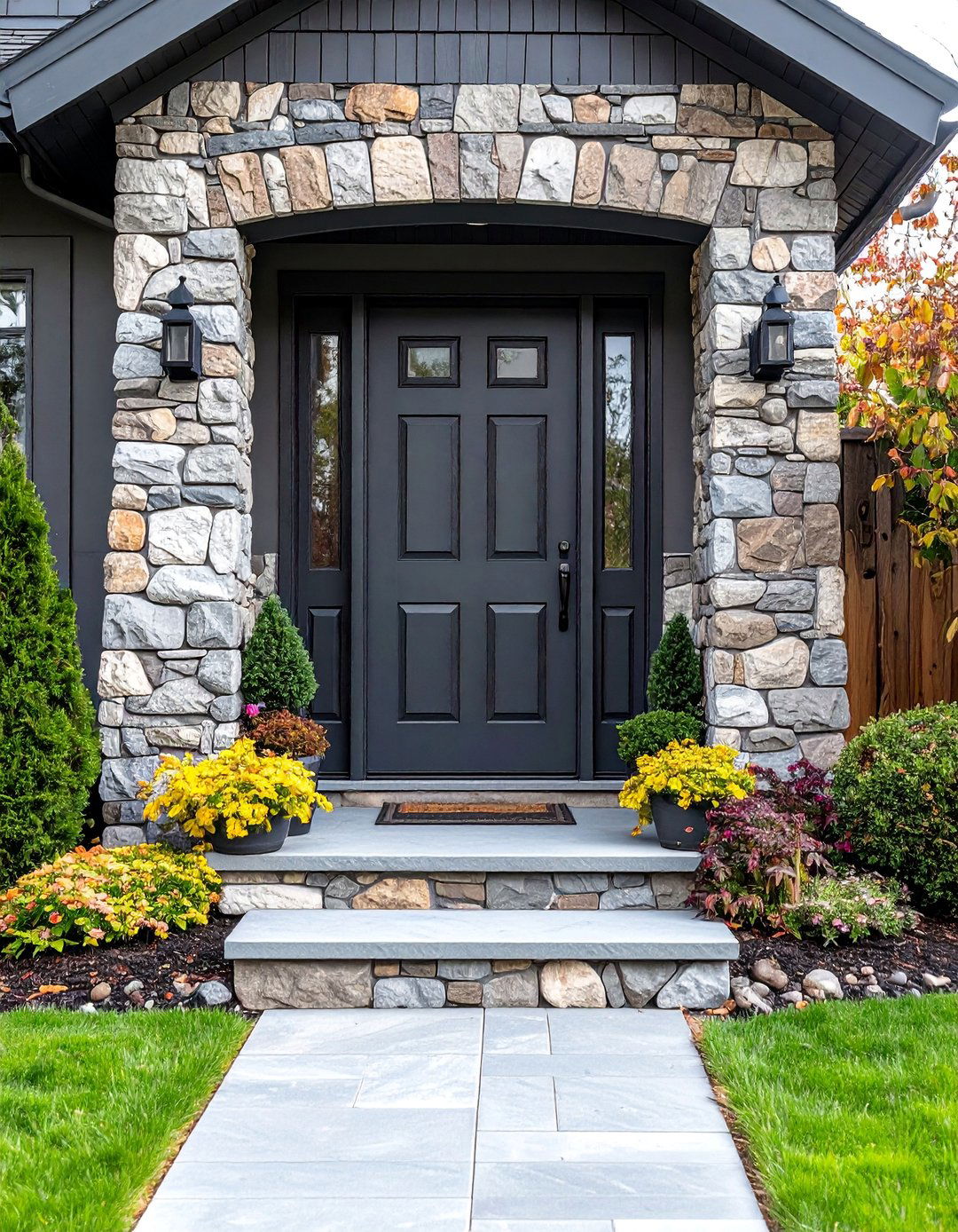 Dark Gray Door with Natural Stone Surround - 25 Dark Gray Front Door Ideas