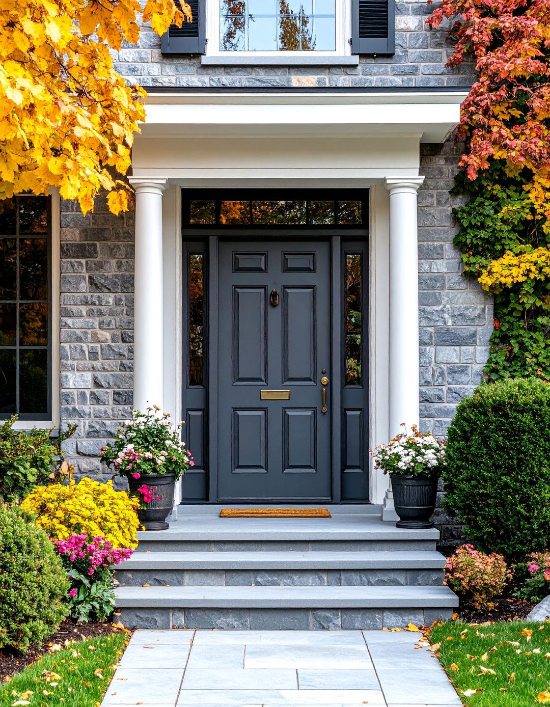 Dark Gray Door with Transom Window Above - 25 Dark Gray Front Door Ideas