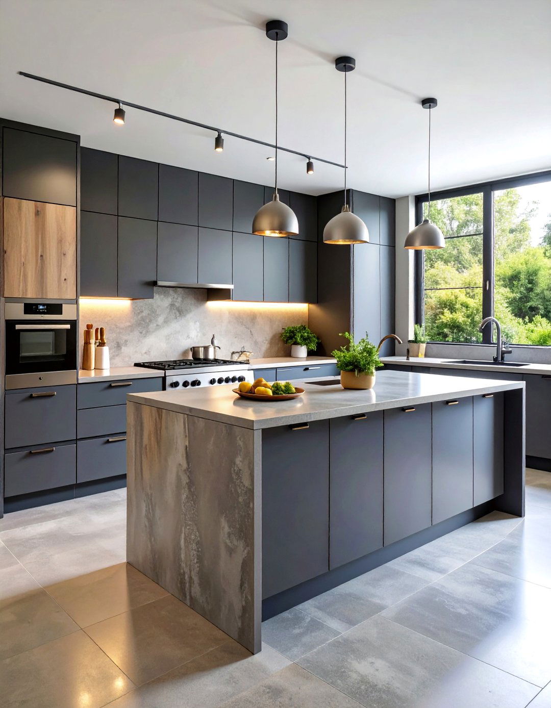 Dark Gray Flat Panel Modern Kitchen with Concrete Counters - 25 Dark Kitchen Ideas