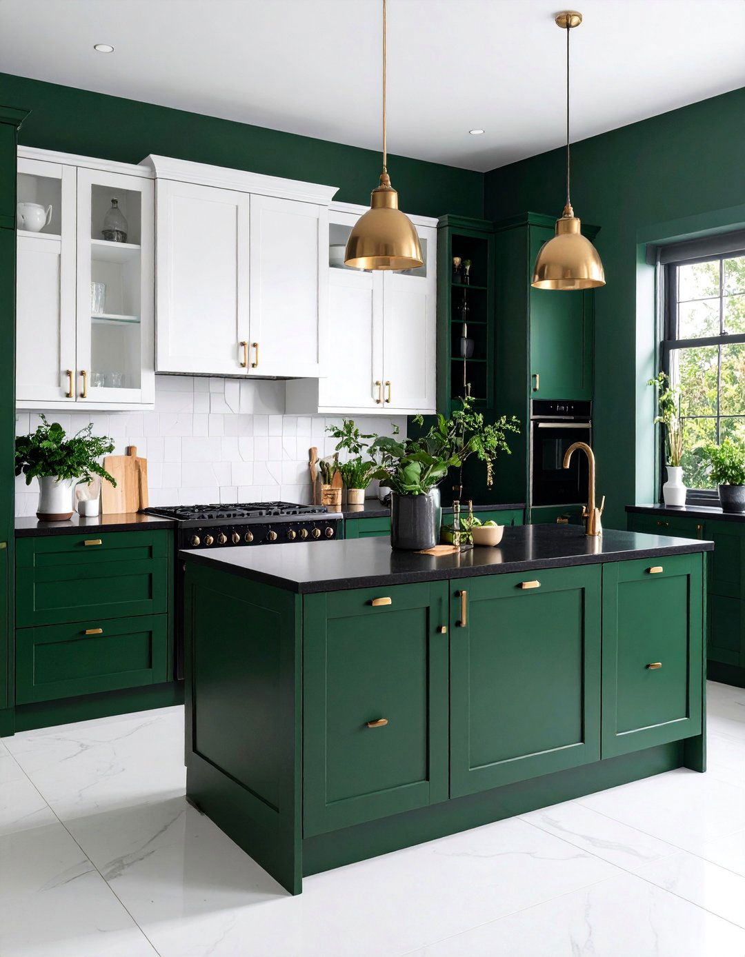Dark Green Base Cabinets with Black Countertop Edge - 25 Black and Green Kitchen Ideas