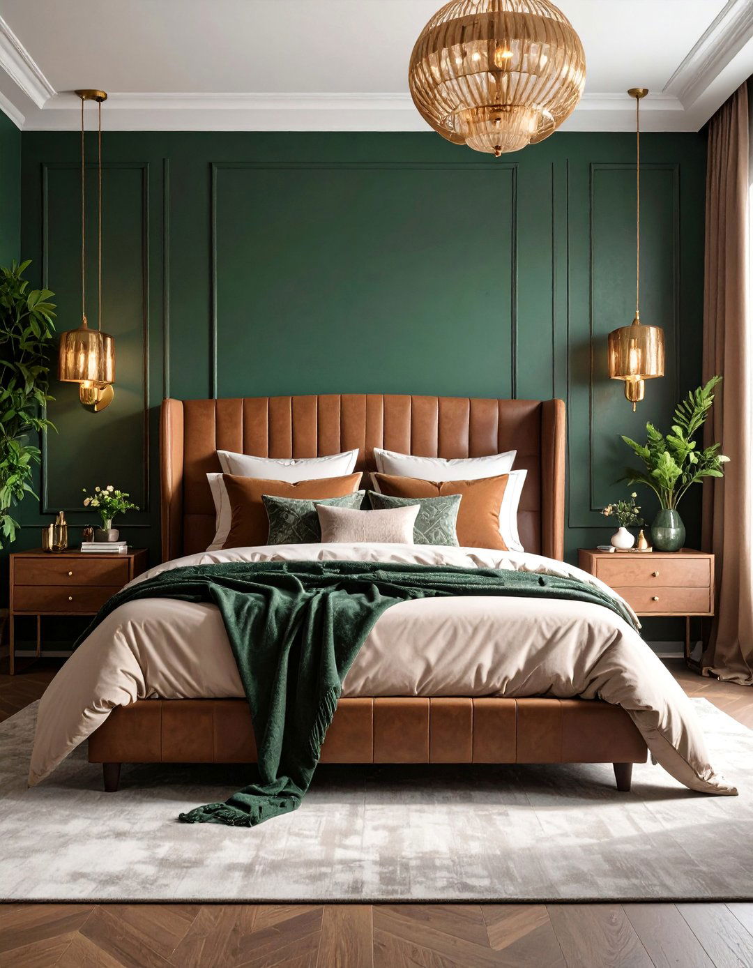 Dark Green Bedroom with Cognac Brown Accents - 25 Green and Brown Bedroom Ideas
