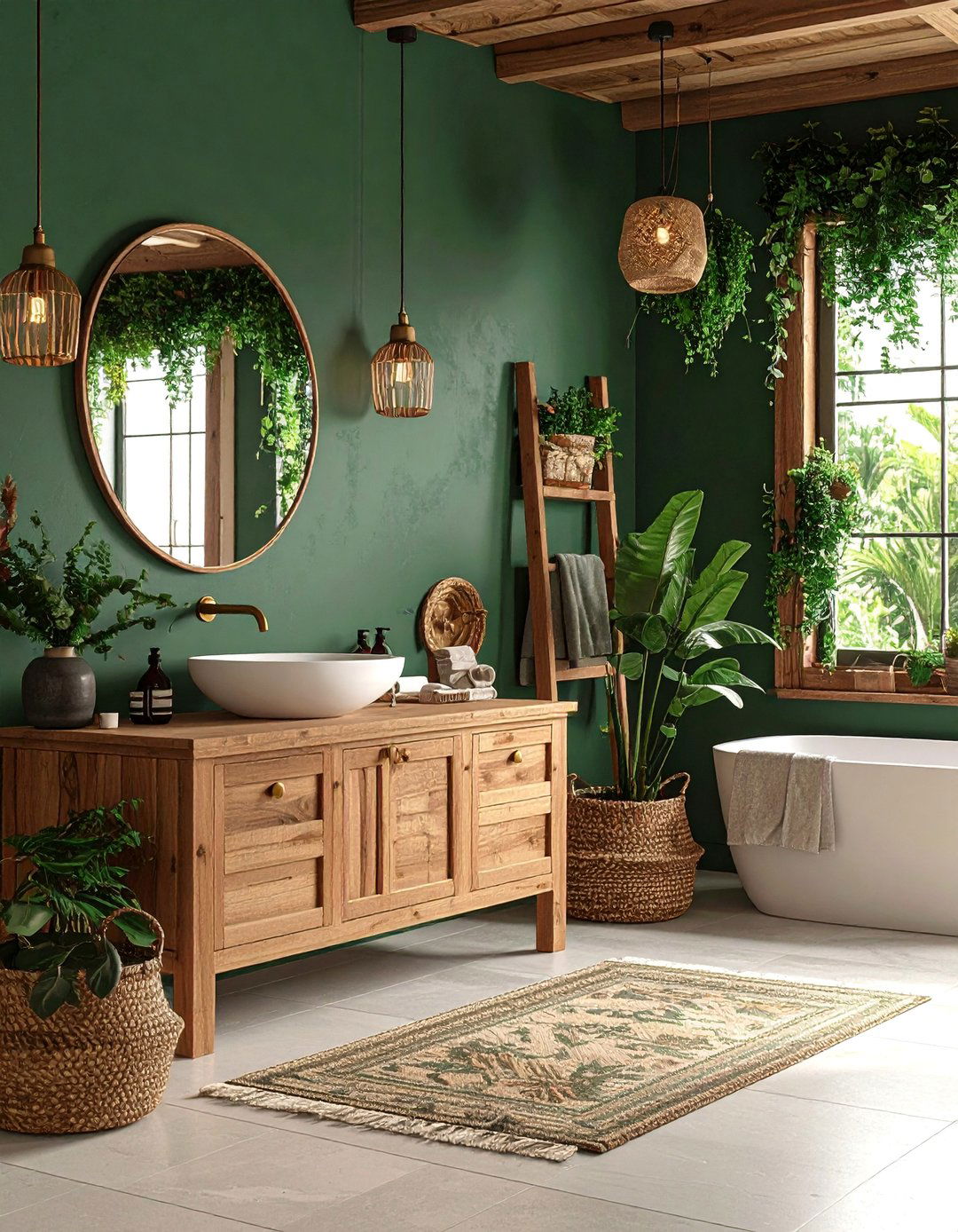 Dark Green Botanical Bathroom with Natural Textures - 25 Dark Bathroom Ideas
