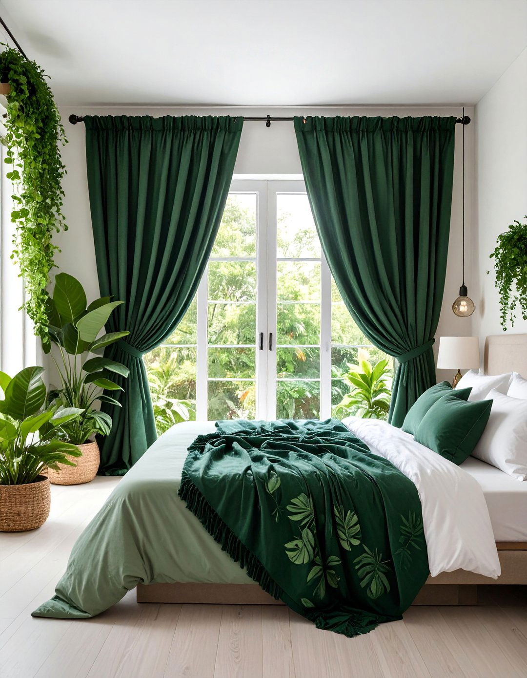 Dark Green Botanical Print Curtains - 25 Dark Green Bedroom Ideas