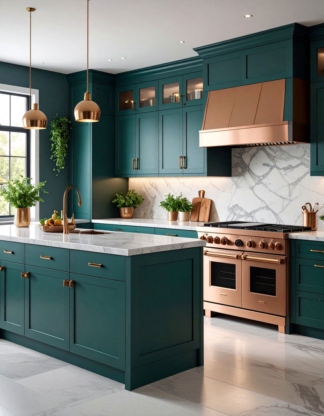 Dark Green Cabinets with Copper Appliances - 25 Green and Copper Kitchen Ideas