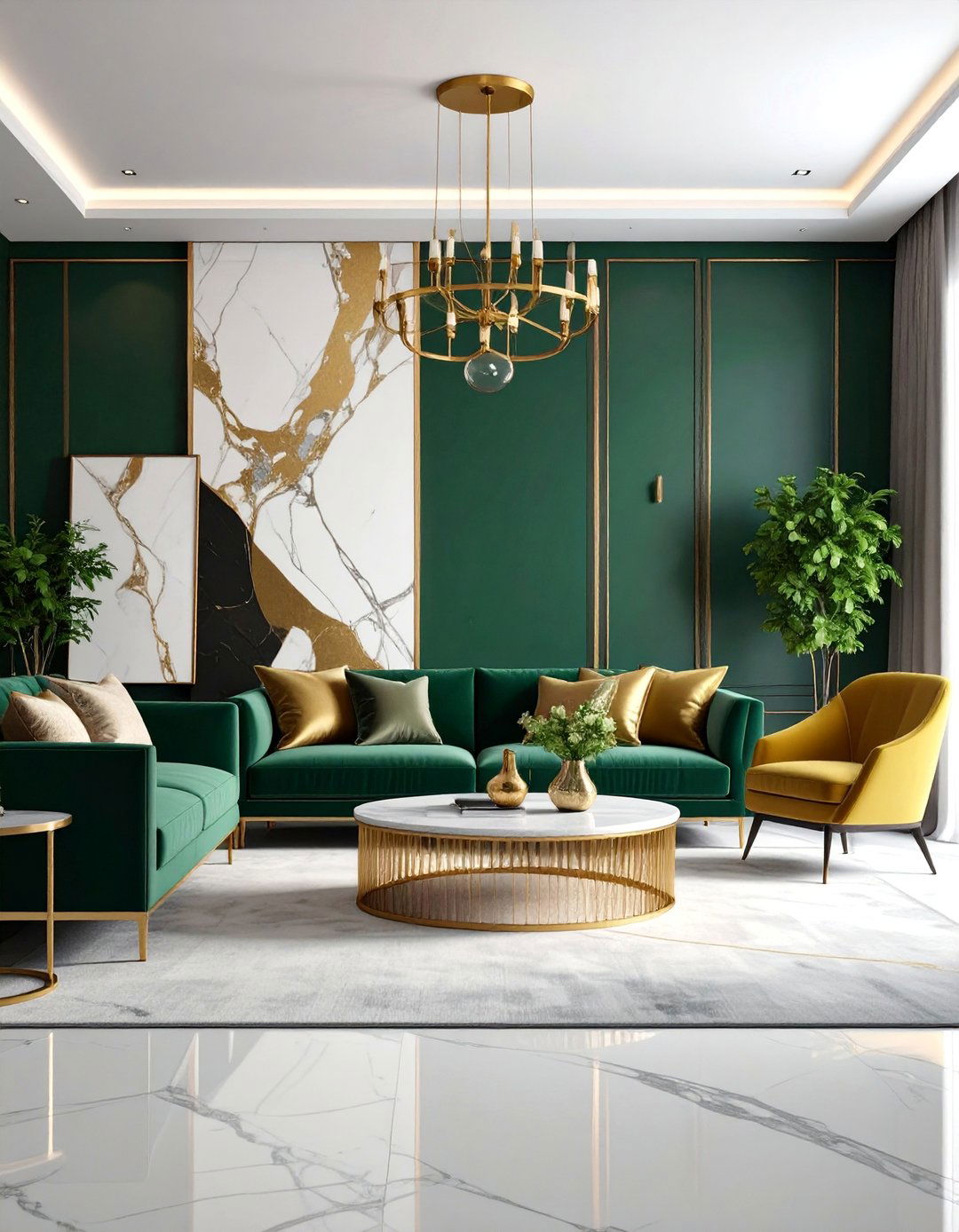 Dark Green Contemporary Accent Wall with Gold Details - 25 Dark Green Accent Wall Ideas