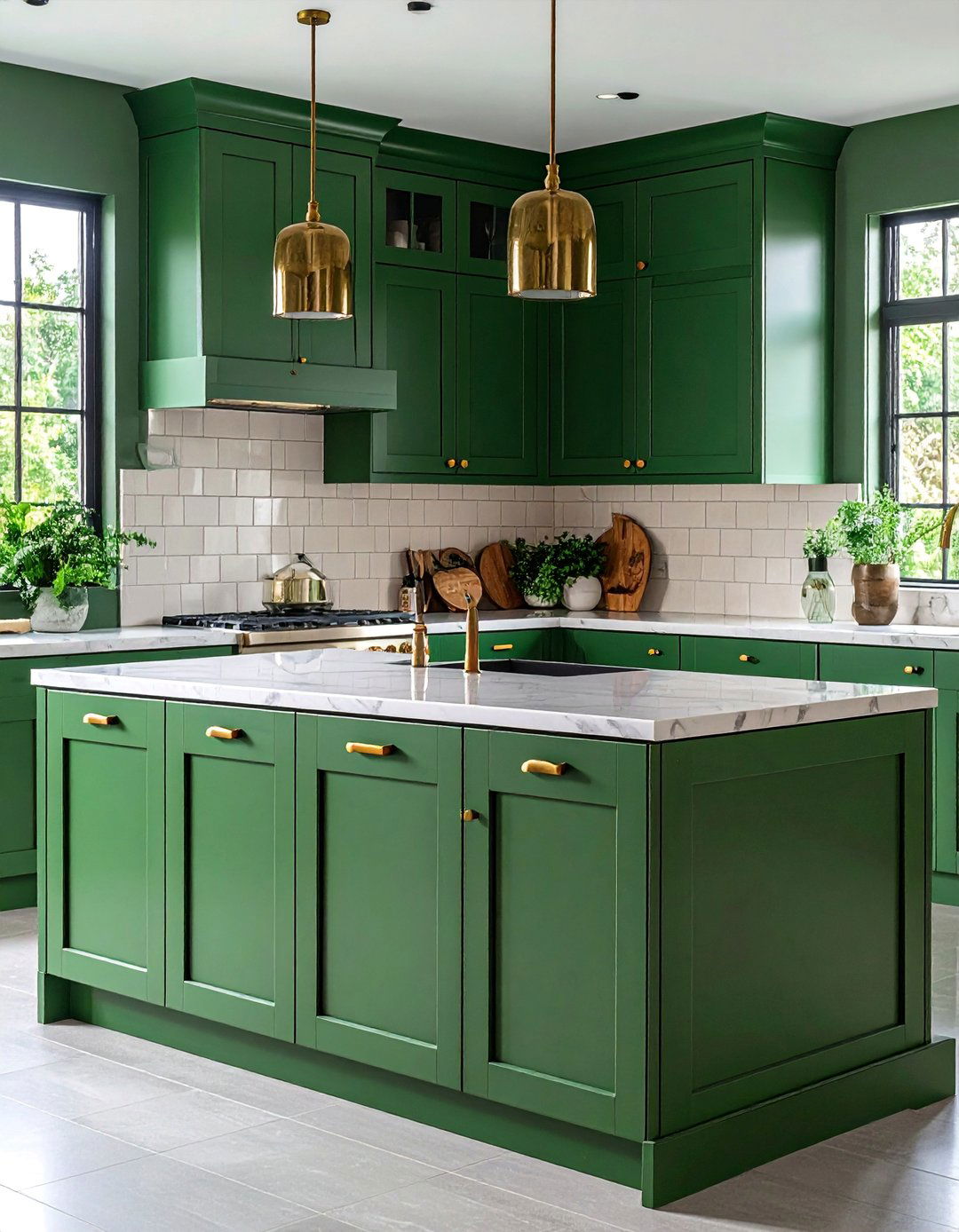 Dark Green Craftsman Kitchen with Brass Hardware - 25 Craftsman Kitchen Ideas