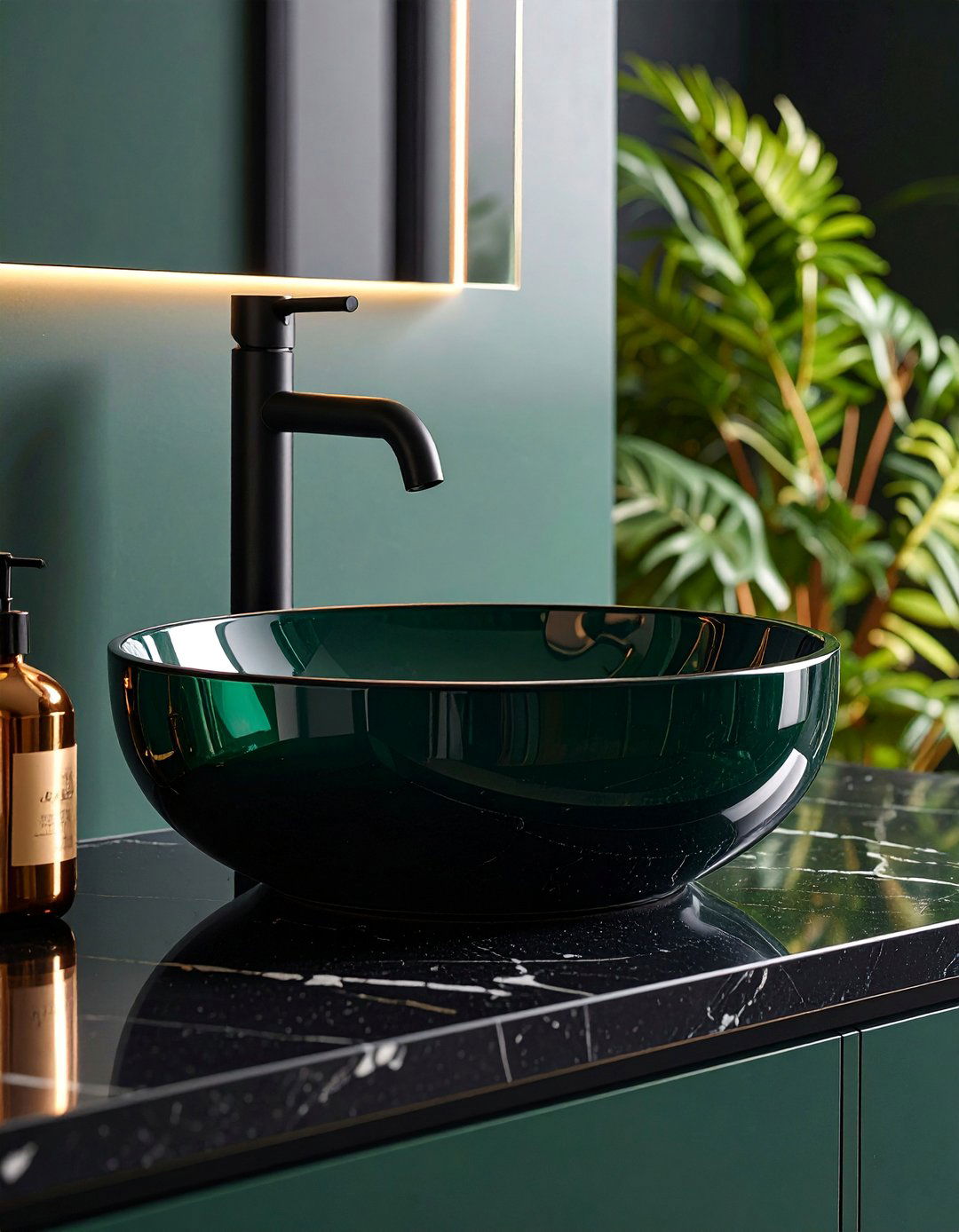Dark Green Glass Vessel Sink with Black Stone Countertop - 25 Black and Green Bathroom Ideas