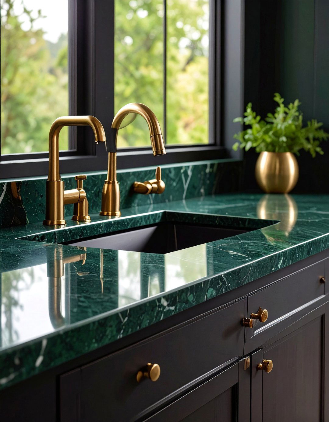 Dark Green Granite Countertop with Black Cabinet Hardware - 25 Black and Green Bathroom Ideas