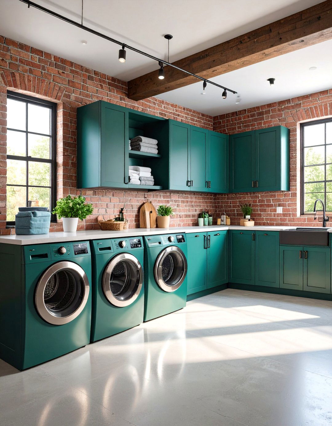 Dark Green Industrial with Black Hardware - 25 Green Laundry Room Ideas