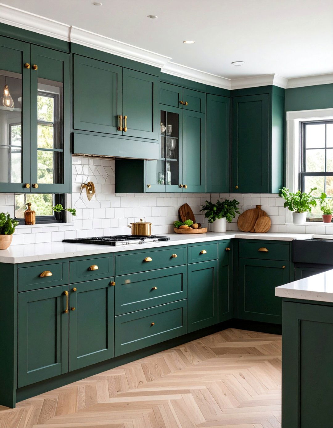Dark Green Modern Farmhouse with White Trim - 25 Dark Kitchen Ideas