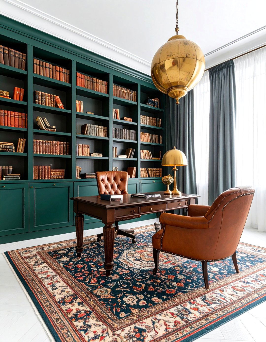 Dark Green Moody Study with Classic Elements - 25 Green Home Office Ideas