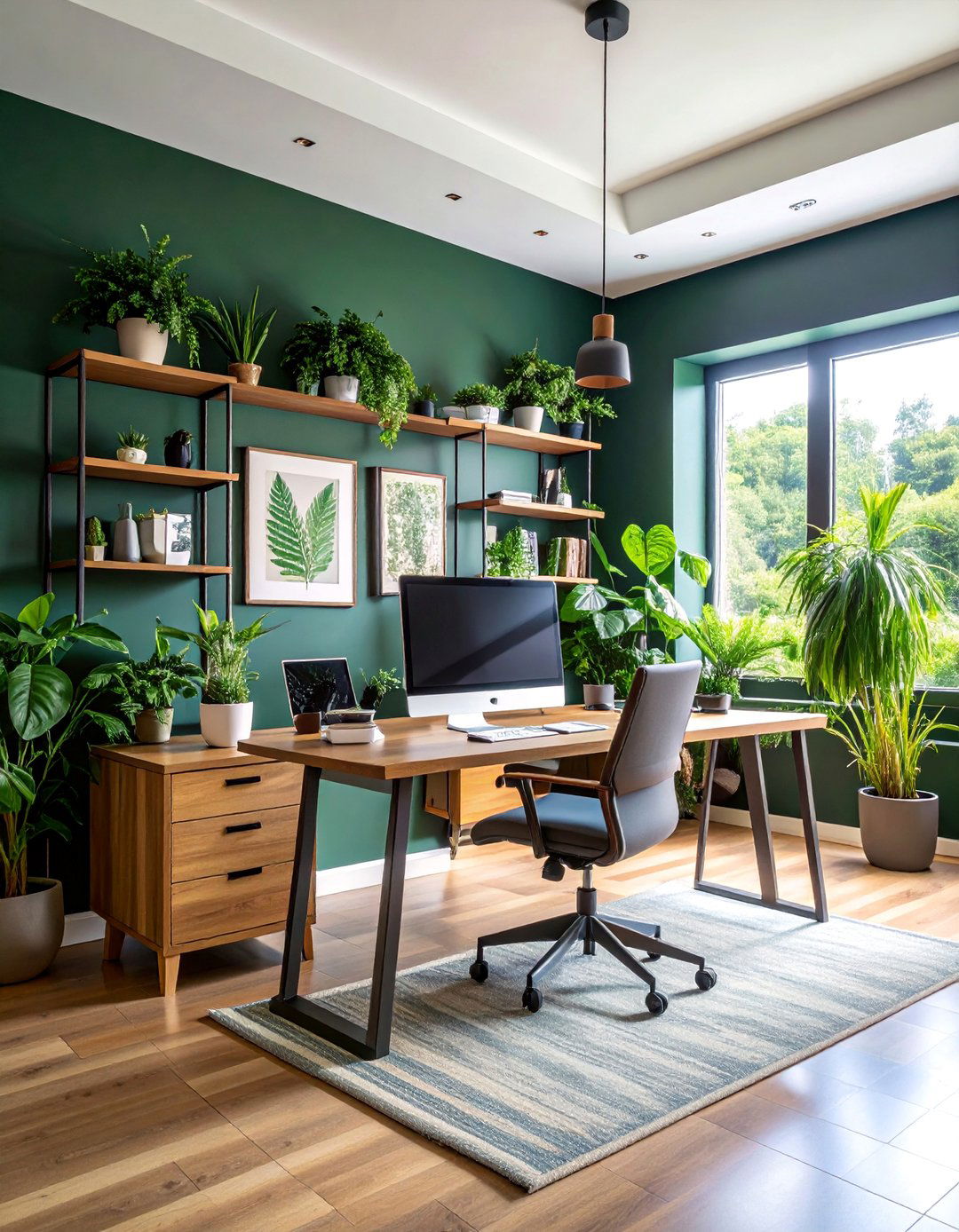 Dark Green Office with Botanical Wall Art Gallery - 25 Dark Green Office Ideas and Inspiration