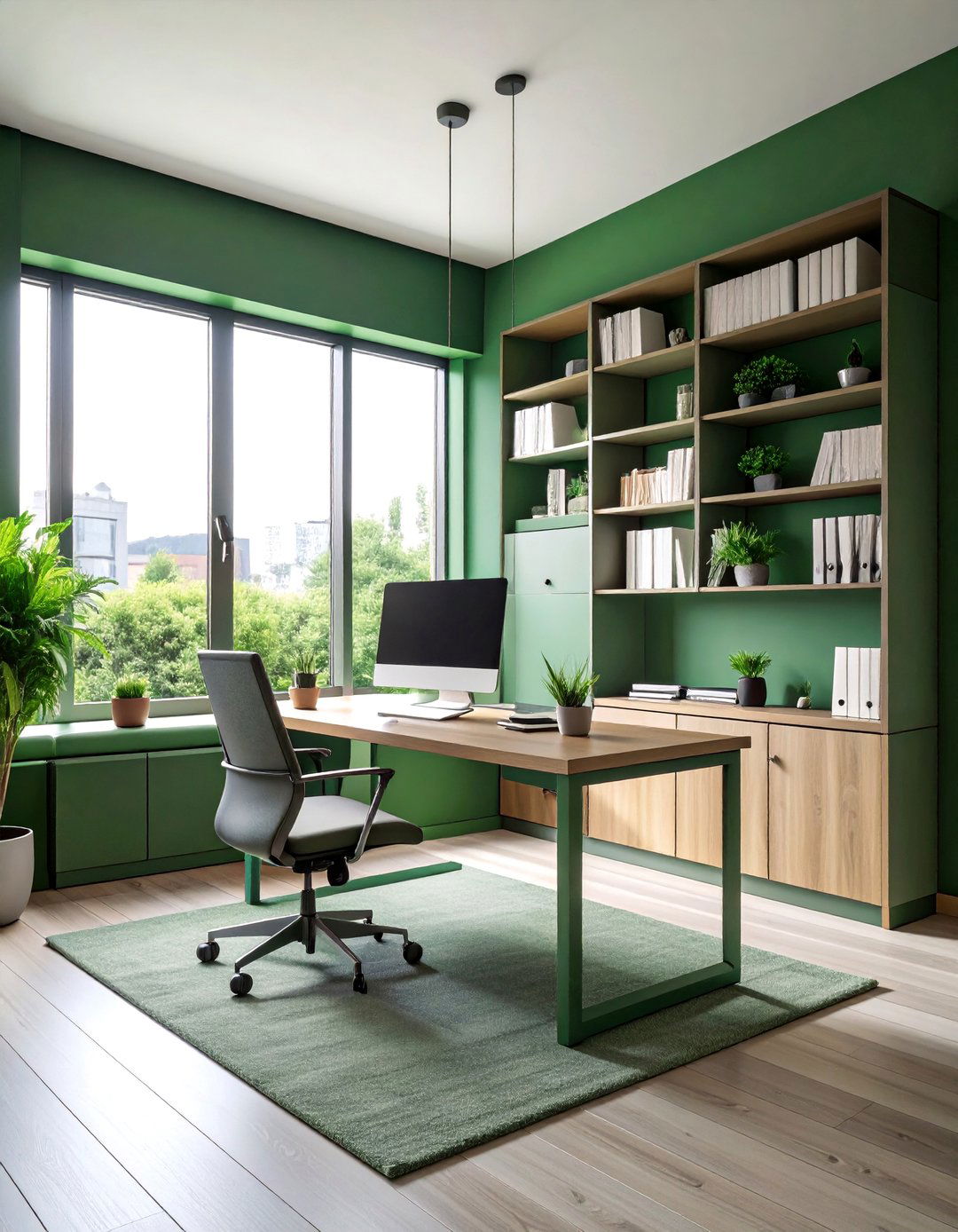 Dark Green Office with Built In Window Seat Storage - 25 Dark Green Office Ideas and Inspiration