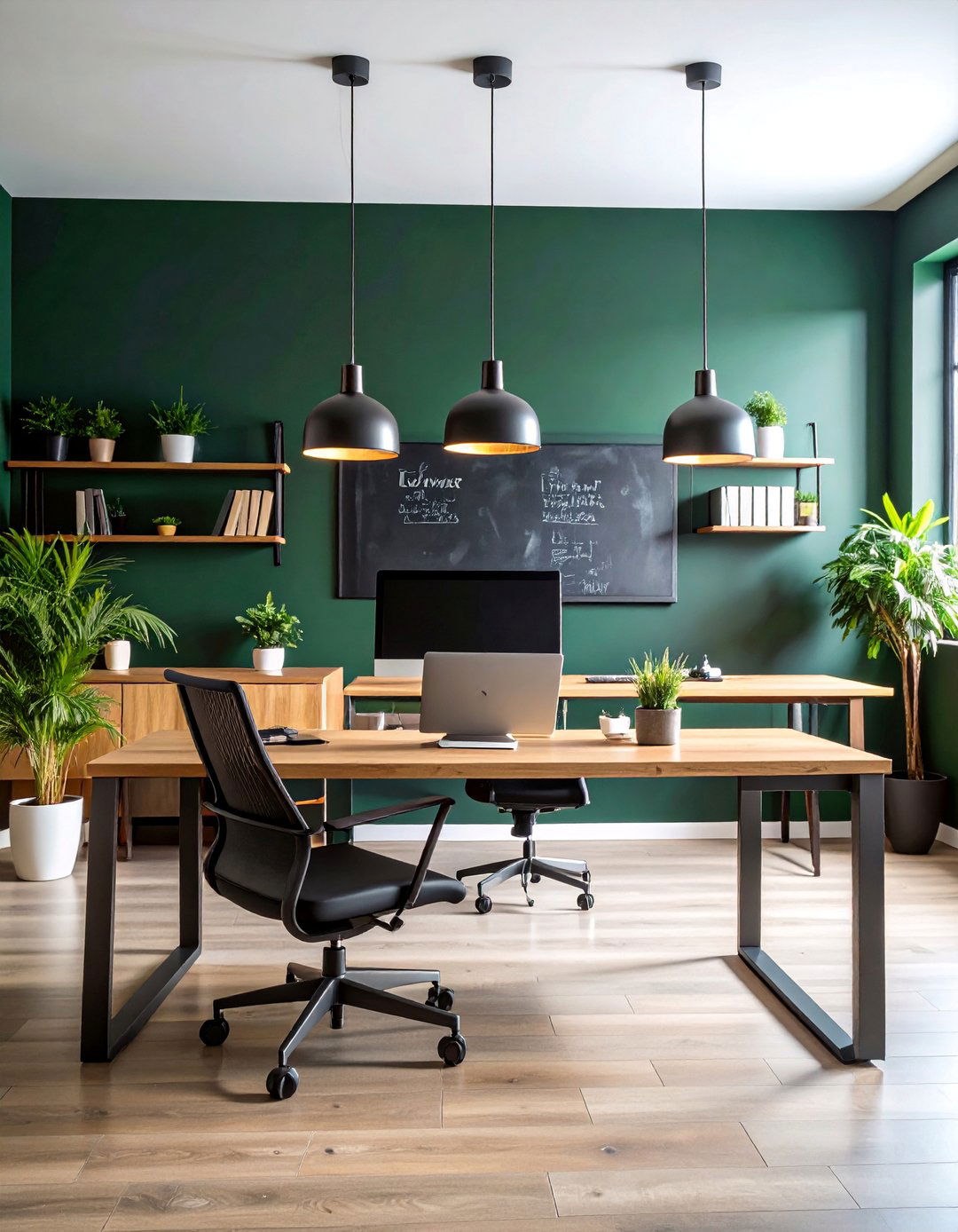 Dark Green Office with Chalkboard Feature Wall - 25 Dark Green Office Ideas and Inspiration