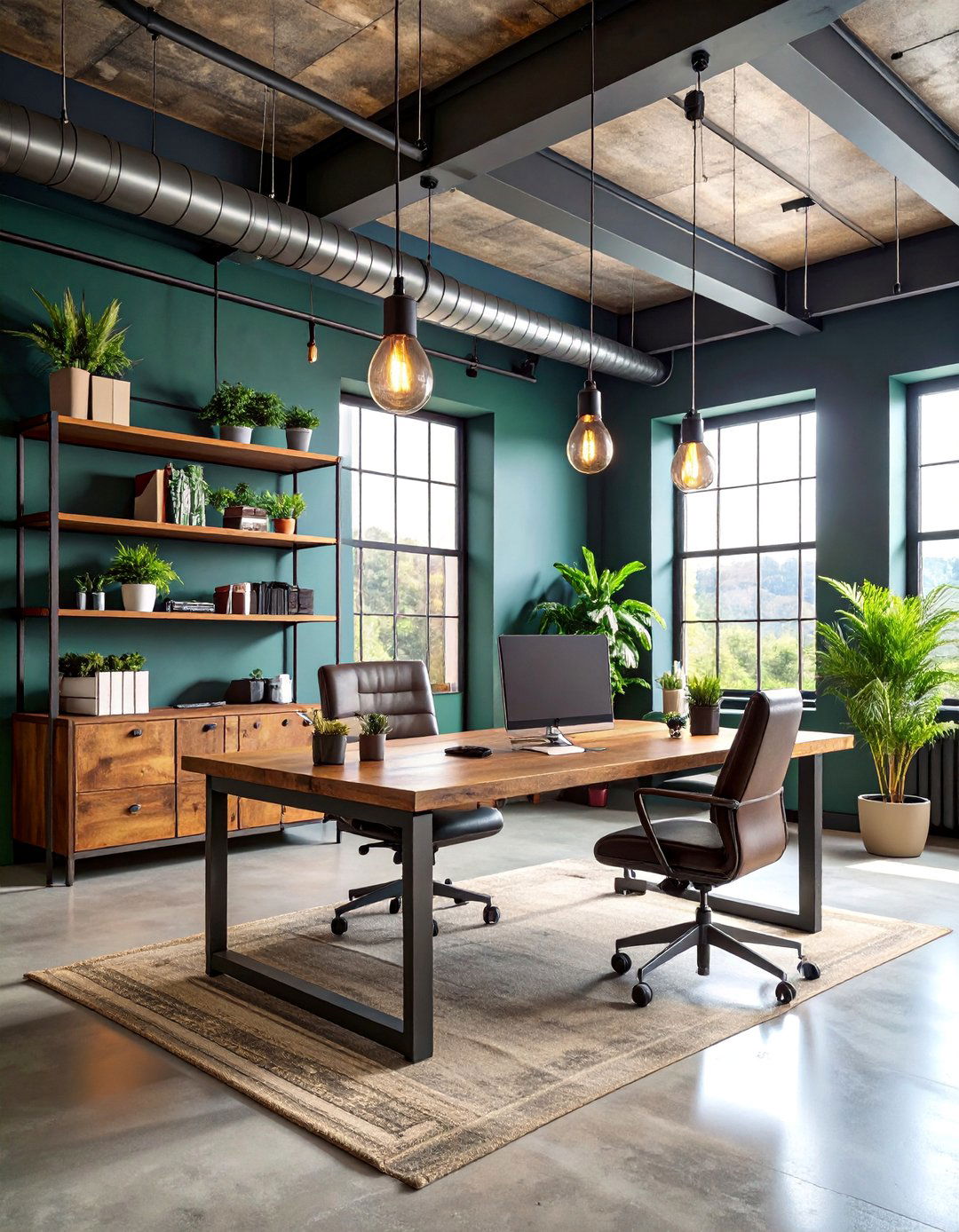 Dark Green Office with Industrial Vintage Accents - 25 Dark Green Office Ideas and Inspiration