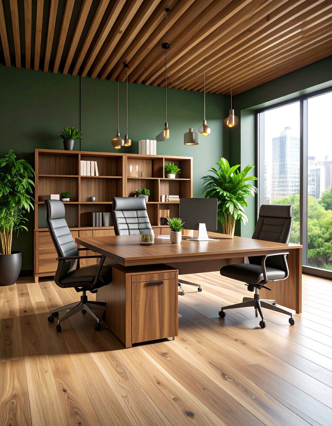 Dark Green Office with Natural Wood Warm Accents - 25 Dark Green Office Ideas and Inspiration