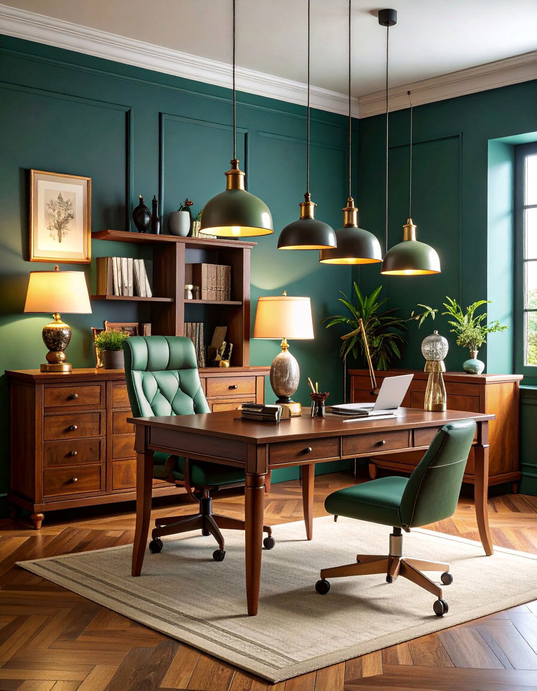 Dark Green Office with Vintage Desk Lamp Collection - 25 Dark Green Office Ideas and Inspiration