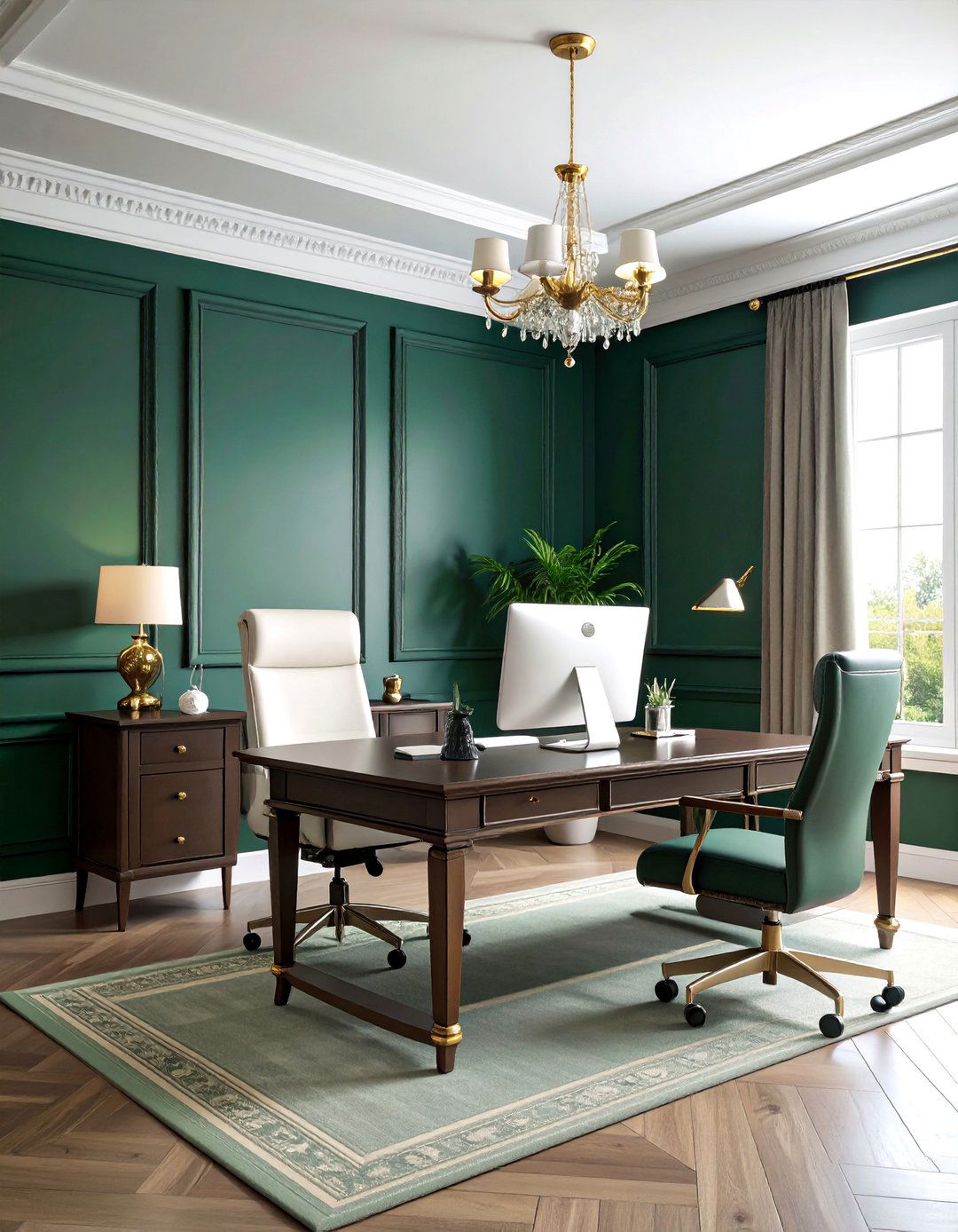 Dark Green Office with White Trim Contrasting Elements - 25 Dark Green Office Ideas and Inspiration