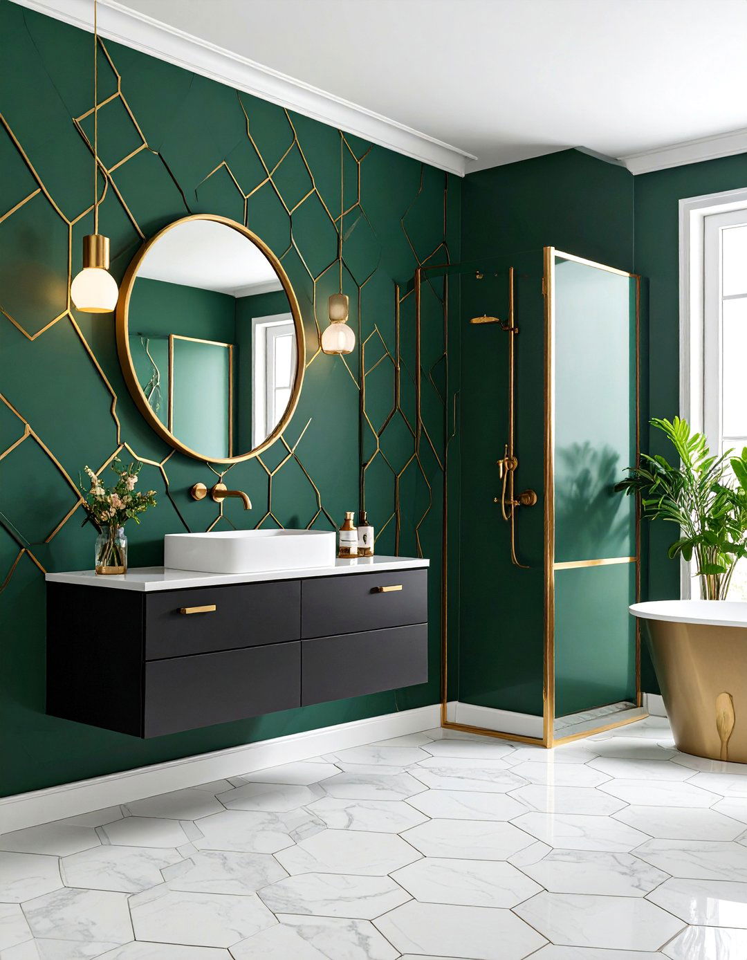 Dark Green Powder Room with Gold Wallpaper Accents - 25 Green Powder Room Ideas