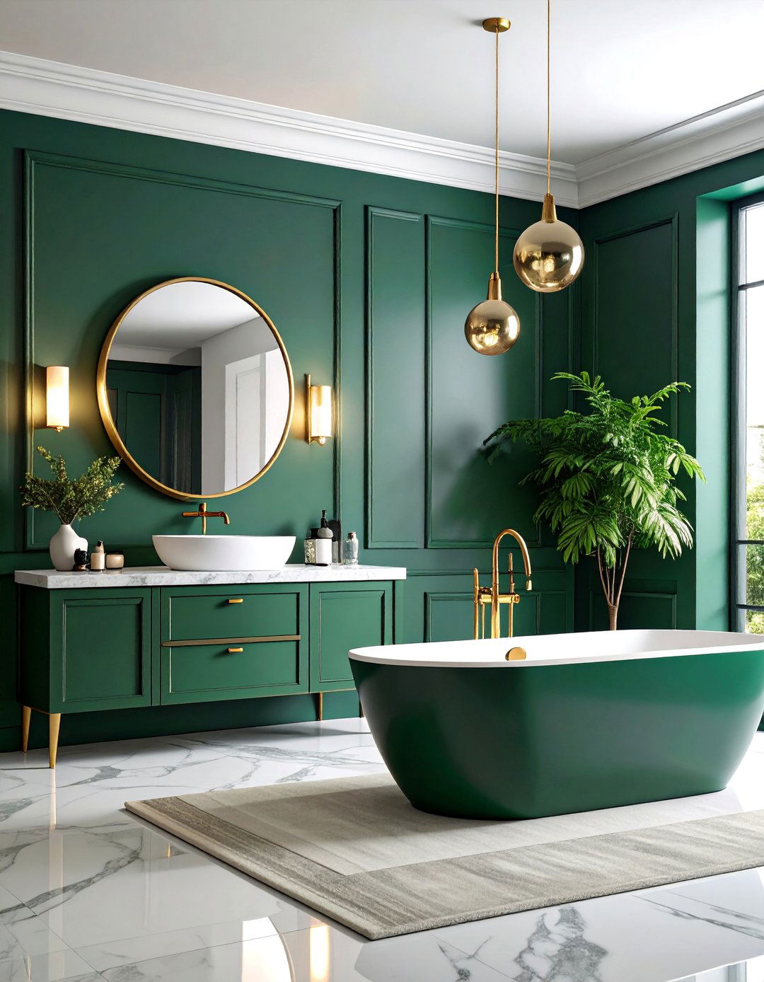 Dark Green Statement Wall with Brass Hardware - 25 Bathroom Wall Ideas