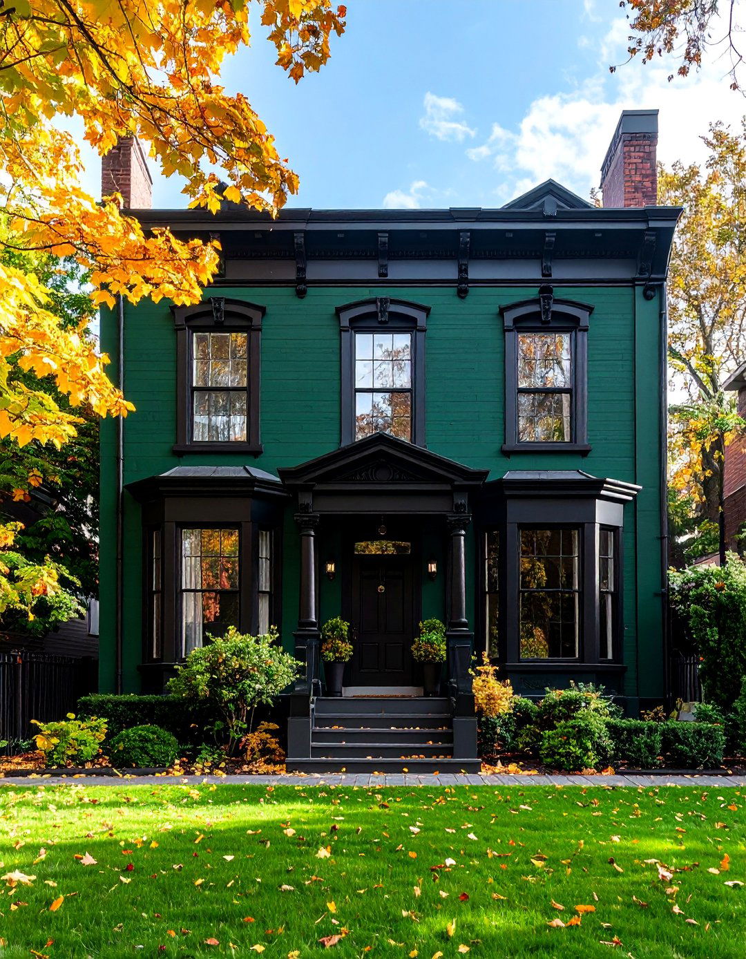 Dark Green Urban Townhouse with Glossy Black Trim - 25 Green House Exterior With Black Trim