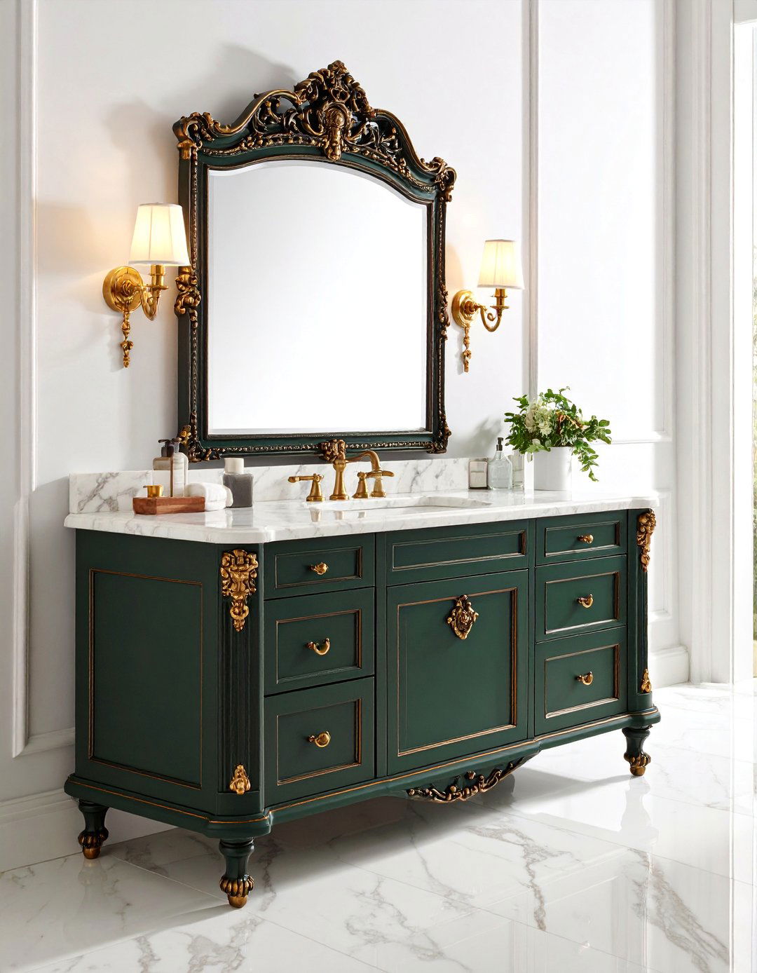 Dark Green Victorian Vanity with Ornate Details - 25 Bathroom With Green Vanity