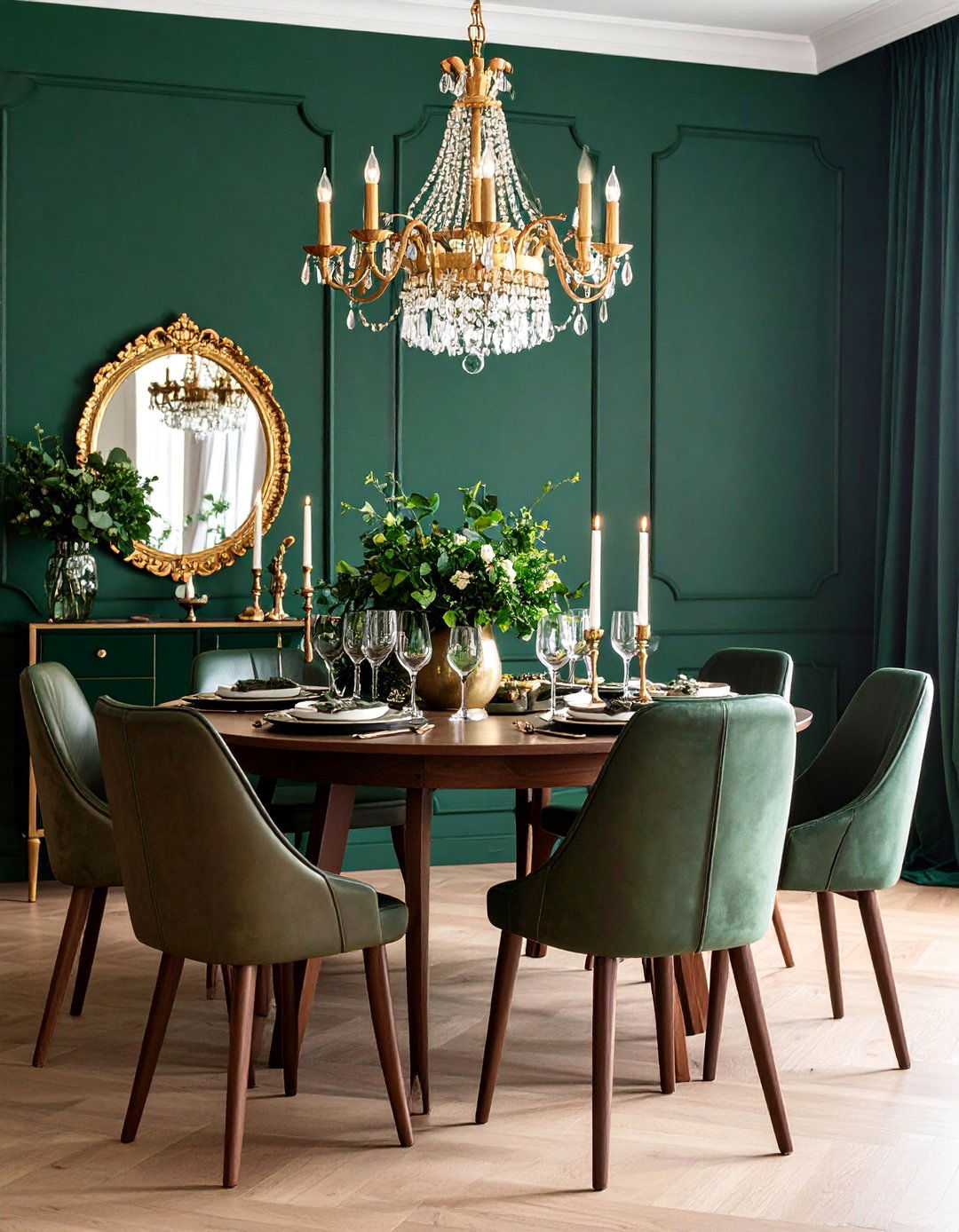 Dark Green Walls with Brass Chandelier - 25 Moody Dining Room Ideas
