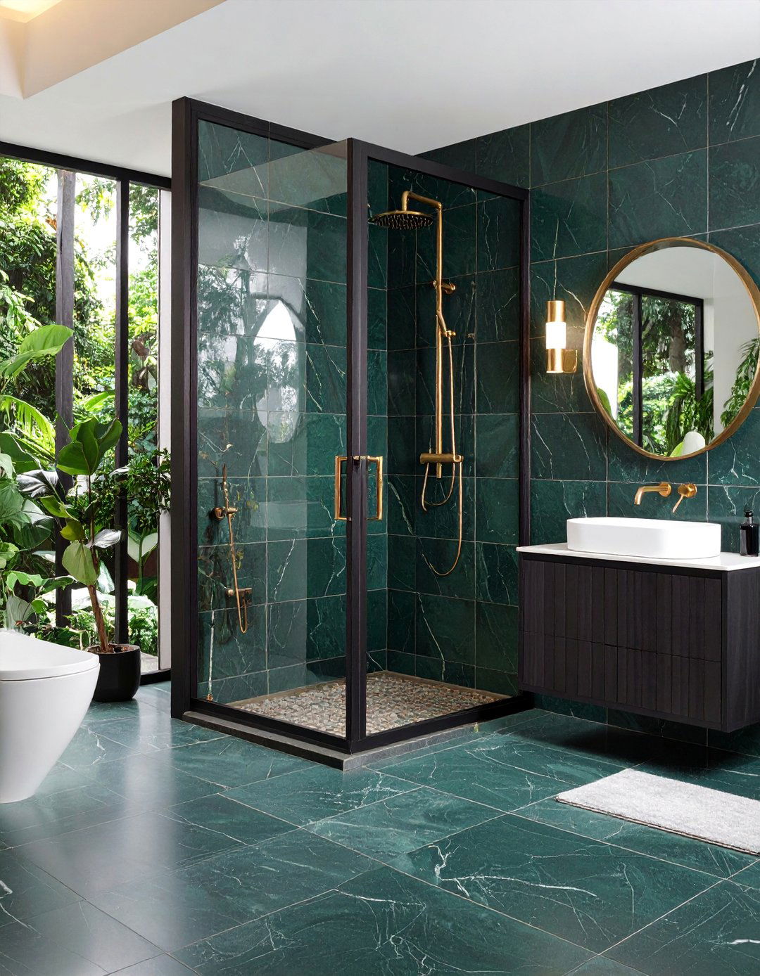 Dark Green Zellige Tiles with Black Frame Shower - 25 Black and Green Bathroom Ideas