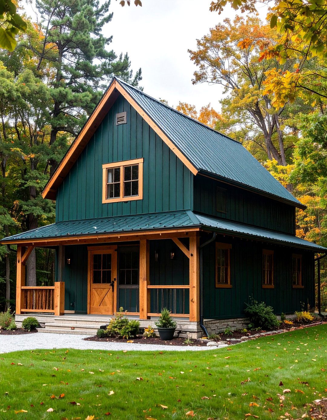 Dark Green with Natural Wood Trim - 25 Barndominium Exterior Ideas