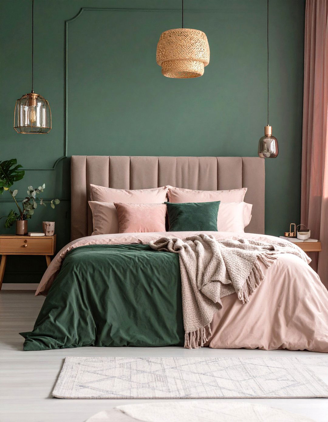 Dark Green with Pink Accent Combination - 25 Dark Green Bedroom Ideas