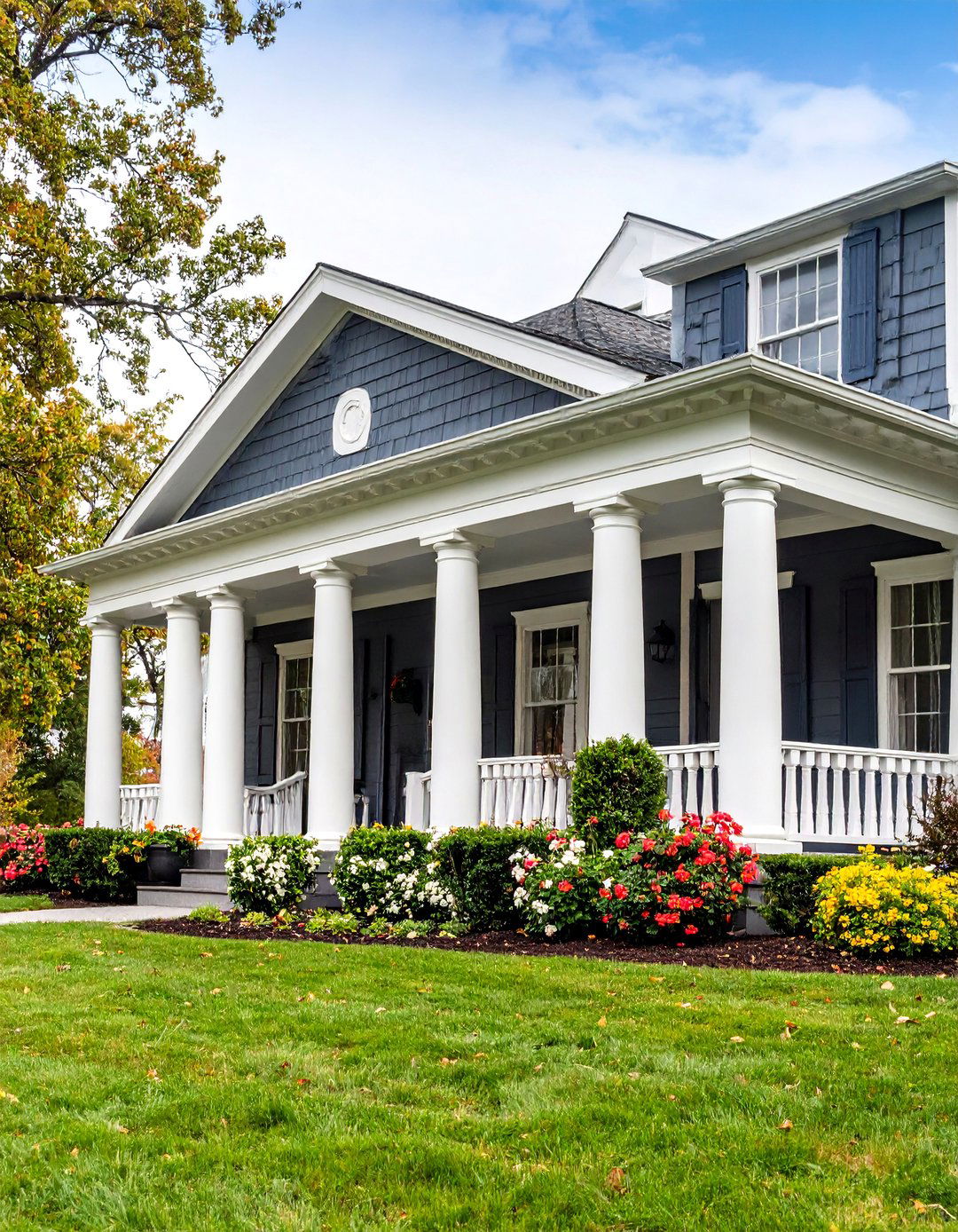 Dark Grey Colonial with White Columns - 25 Dark Grey House Exterior Ideas