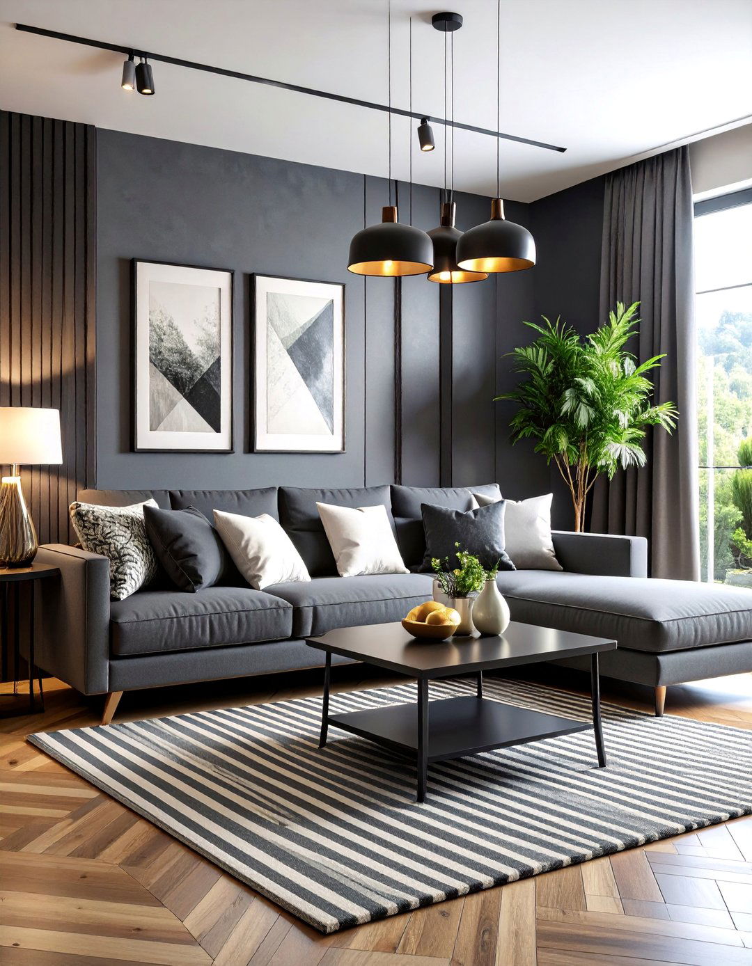 Dark Grey Couch Living Room with Black and White Contrast - 25 dark grey couch living room ideas
