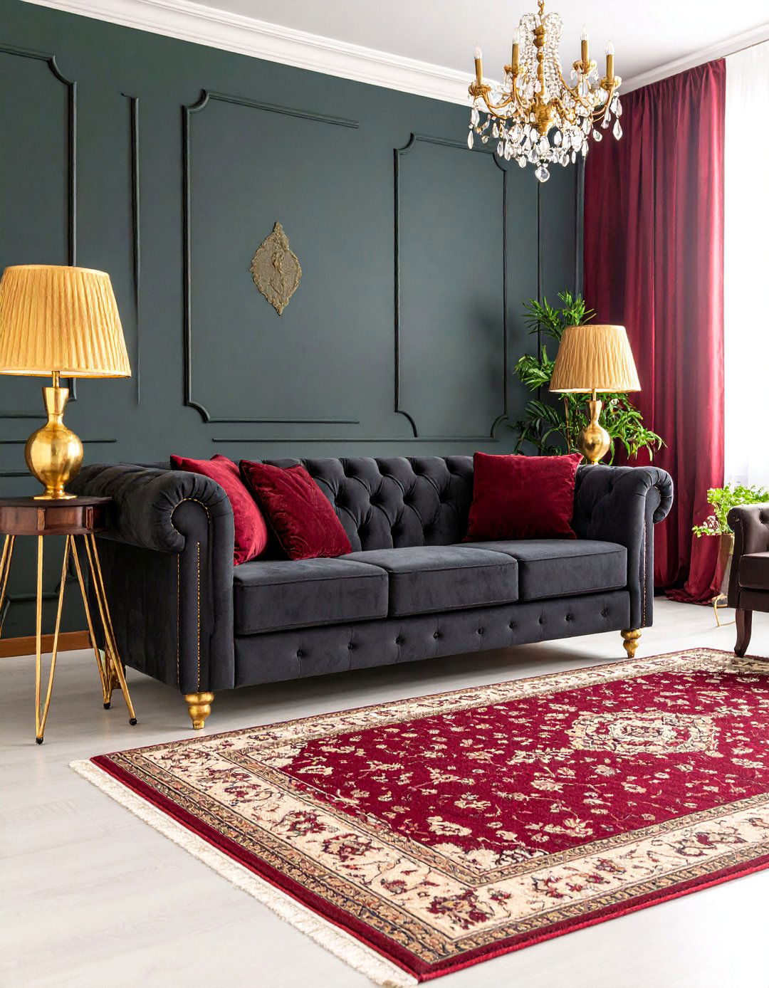 Dark Grey Couch Living Room with Burgundy and Gold - 25 dark grey couch living room ideas