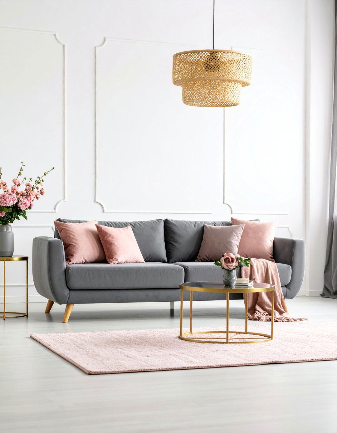 Dark Grey Couch Living Room with Coral Pink Touches - 25 dark grey couch living room ideas