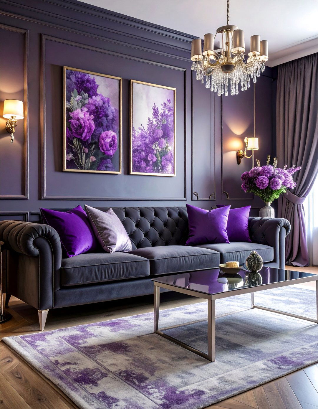 Dark Grey Couch Living Room with Purple and Silver - 25 dark grey couch living room ideas