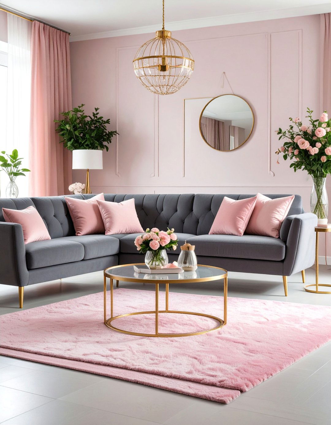 Dark Grey Couch with Blush Pink and Gold Glamour - 25 dark grey couch living room ideas