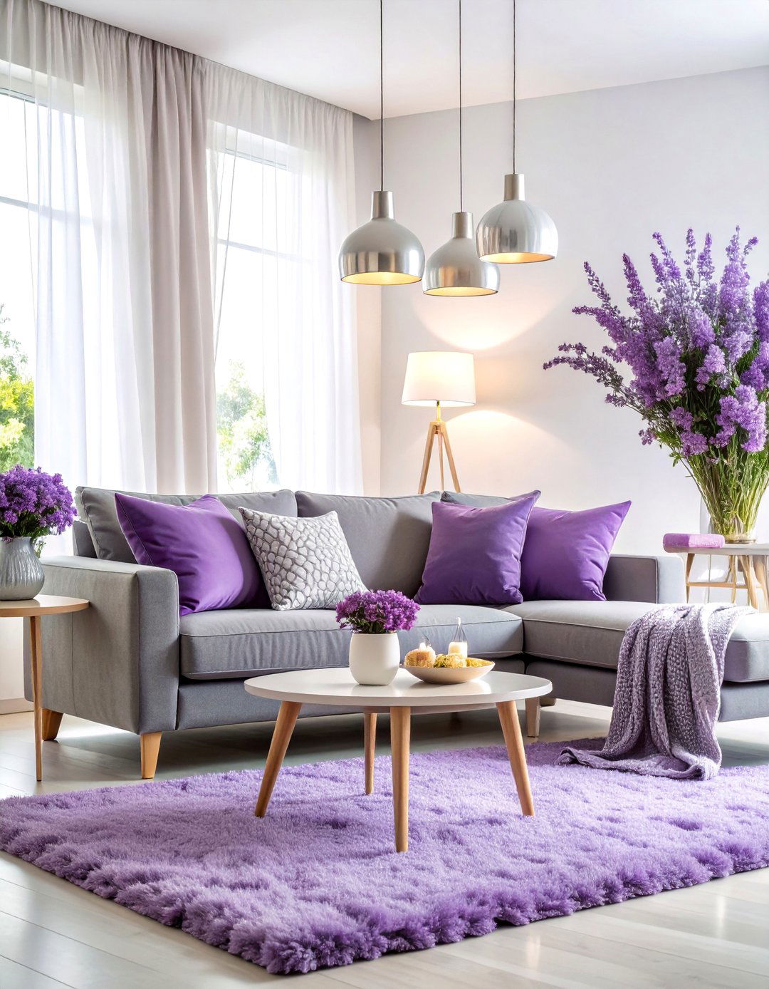 Dark Grey Couch with Lavender and Silver Accents - 25 dark grey couch living room ideas