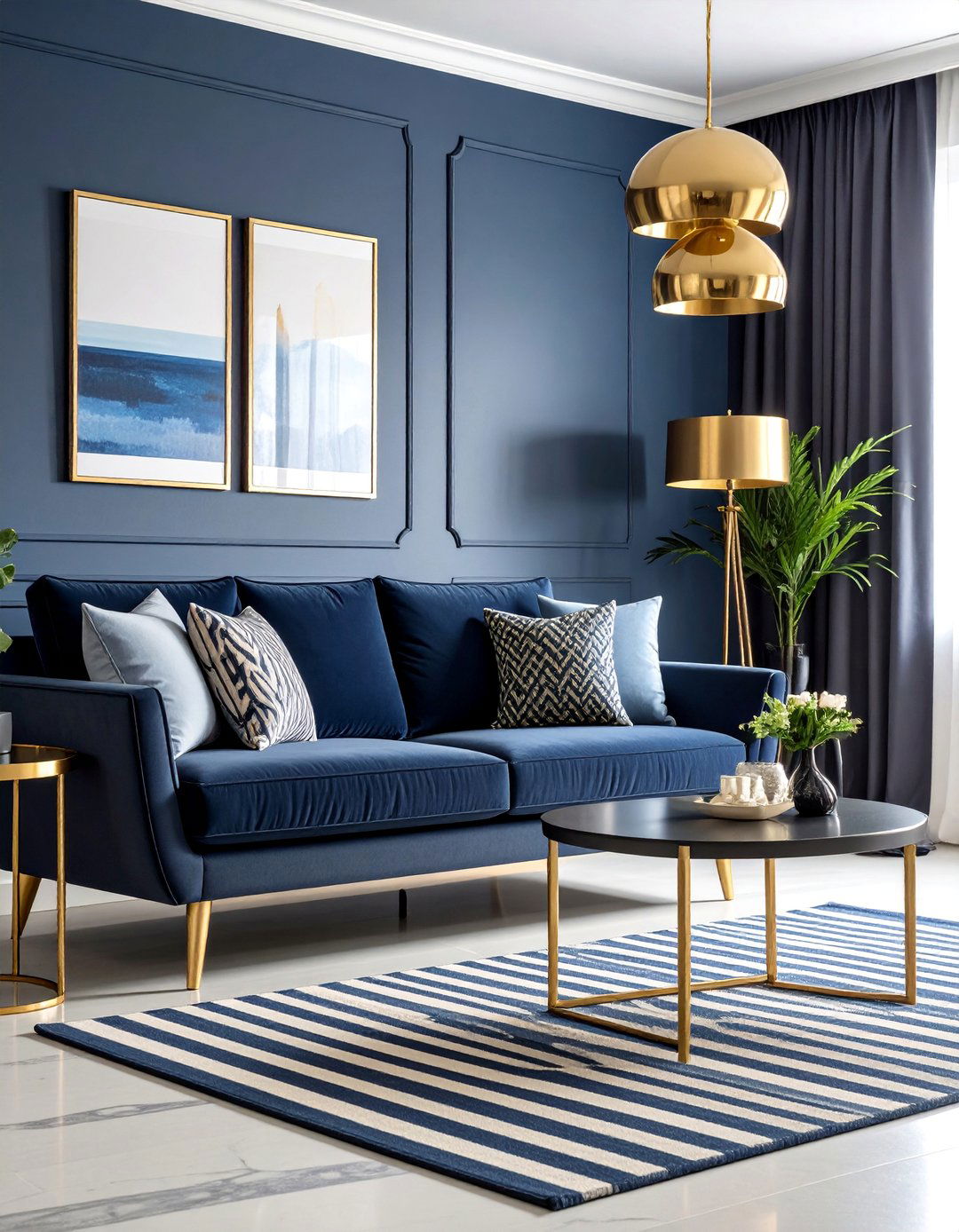 Dark Grey Couch with Navy Blue and Brass Accents - 25 dark grey couch living room ideas