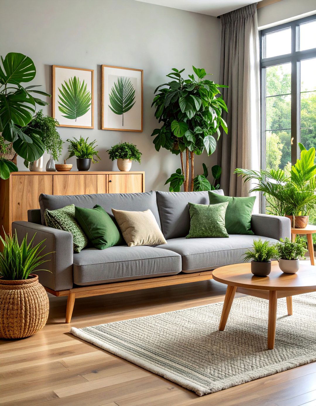 Dark Grey Couch with Sage Green and Natural Elements - 25 dark grey couch living room ideas