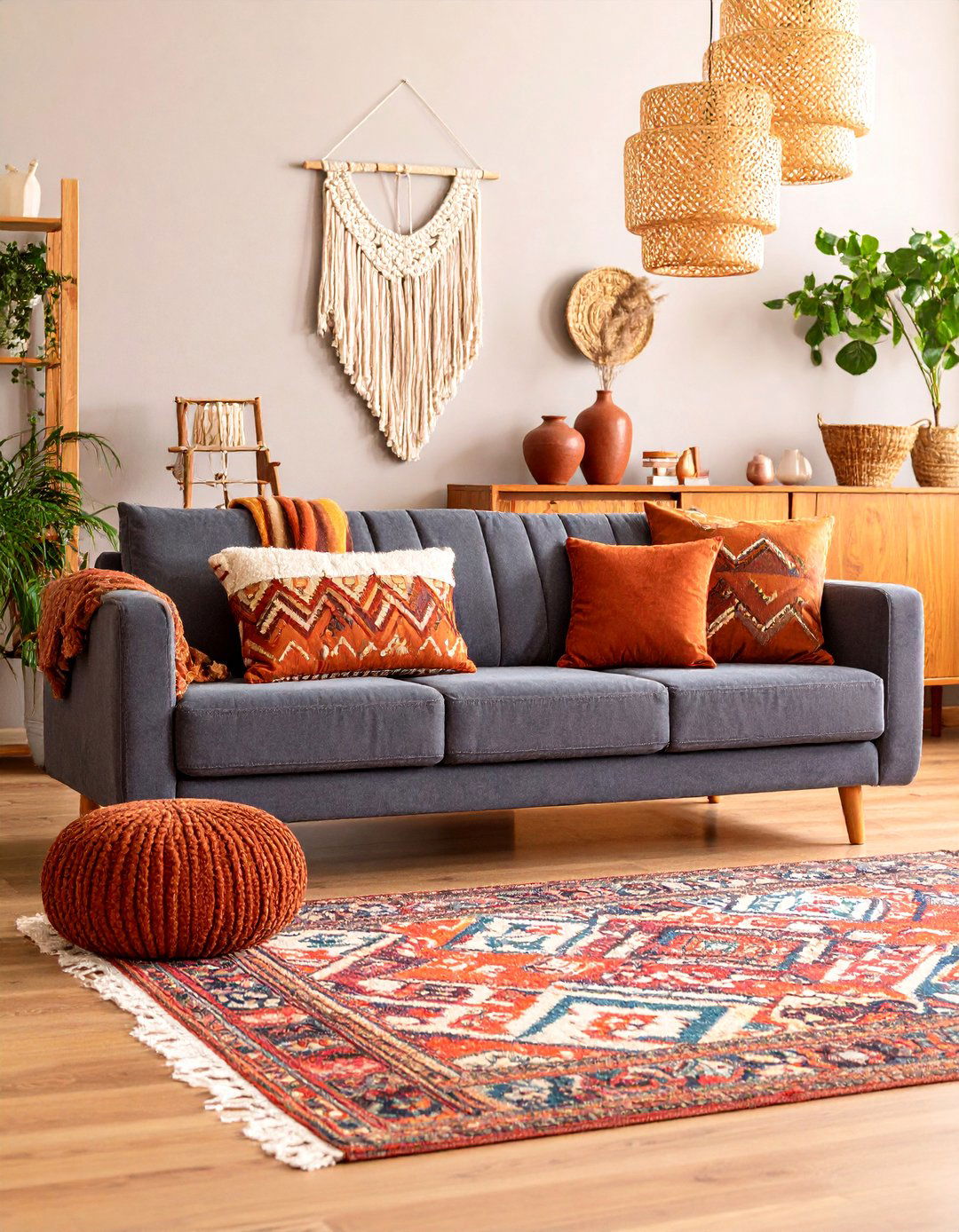 Dark Grey Couch with Terracotta and Earth Tones - 25 dark grey couch living room ideas