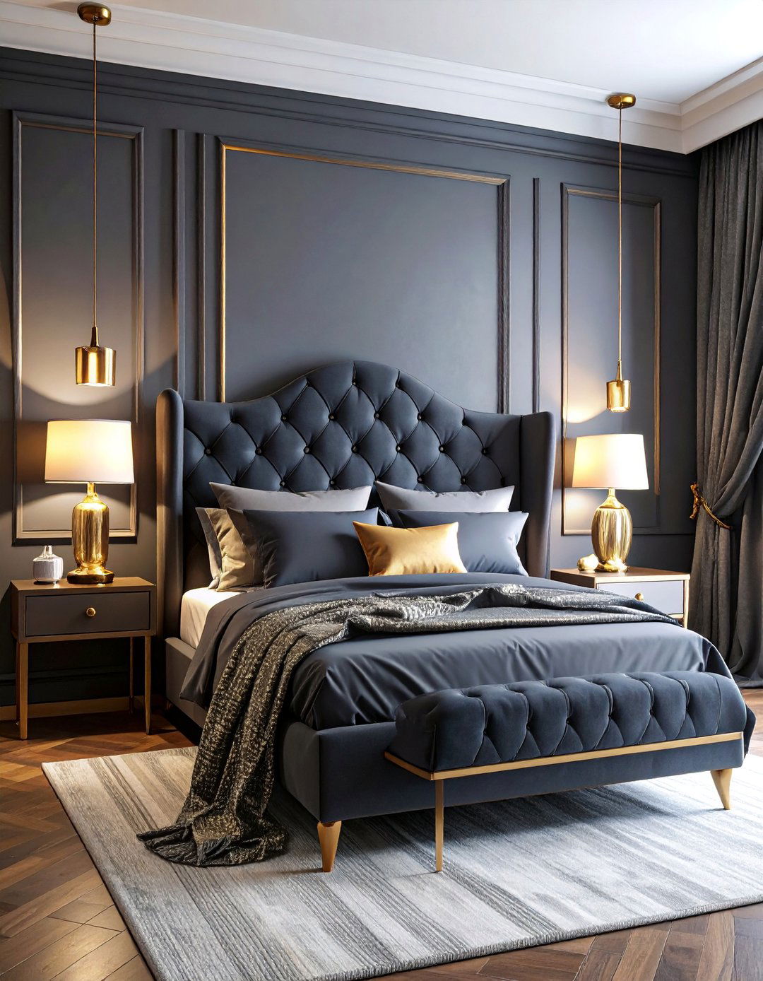 Dark Grey Upholstered Headboard with Gold Glamour - 25 Grey Headboard Bedroom Ideas