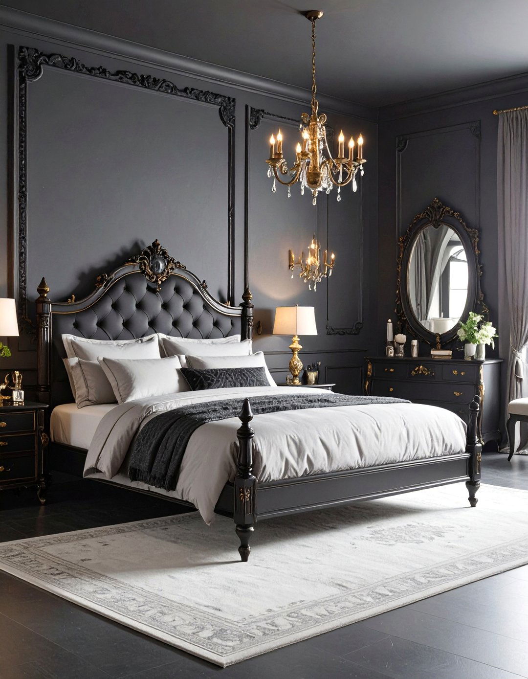 Dark Grey Victorian Gothic Drama - 25 Dark Grey Bedroom Ideas