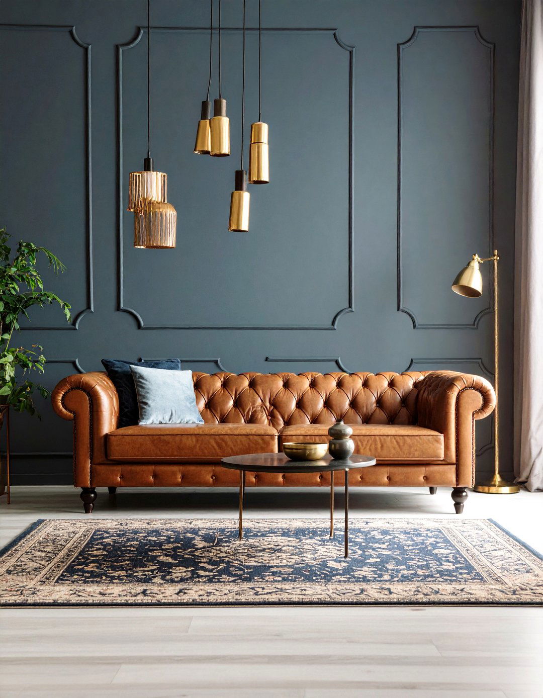 Dark Moody Living Room with Charcoal Gray Walls - 25 Brown Leather Couch Living Room Ideas