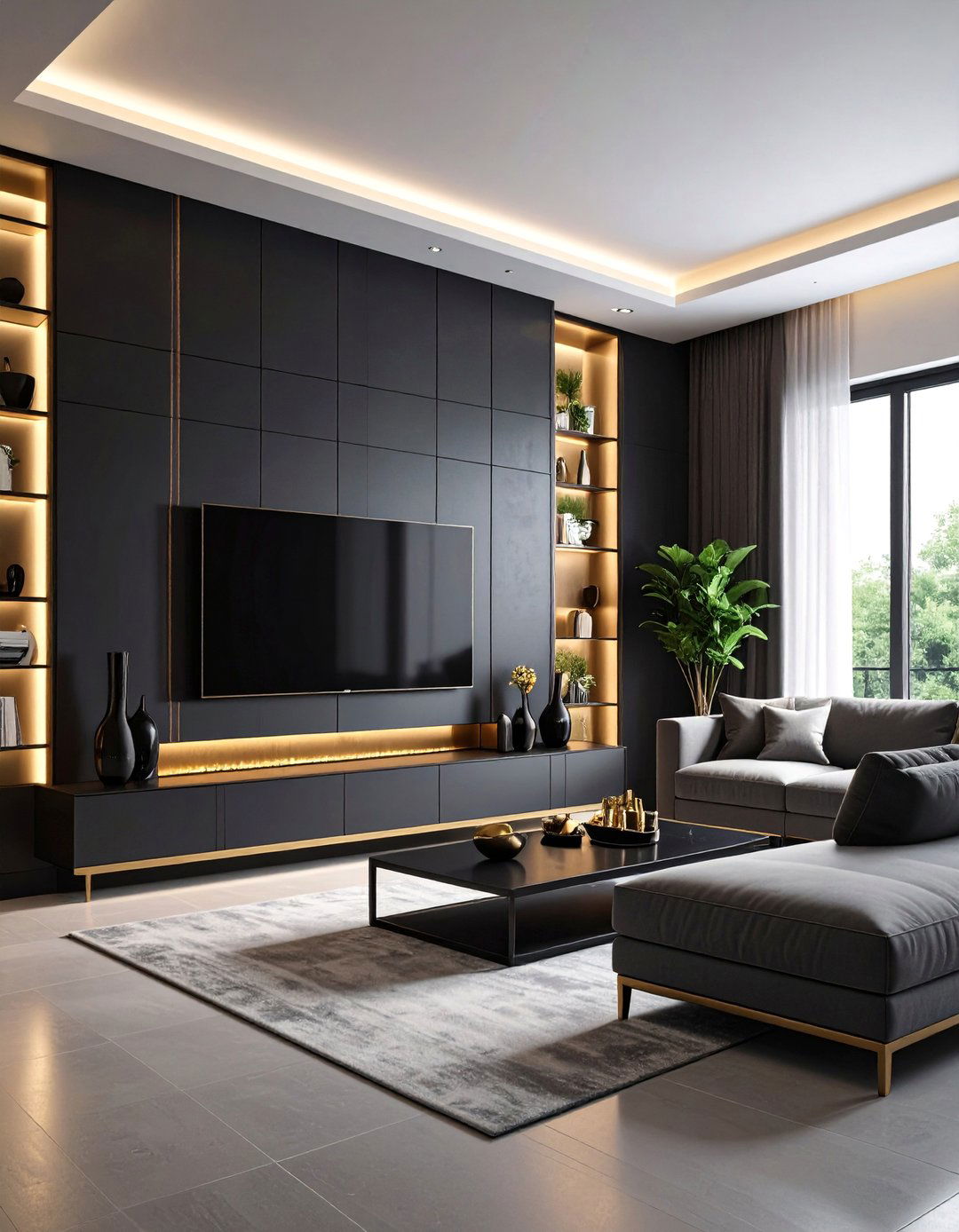 Dark Moody Media Wall with Dramatic Lighting - 25 Media Wall Ideas
