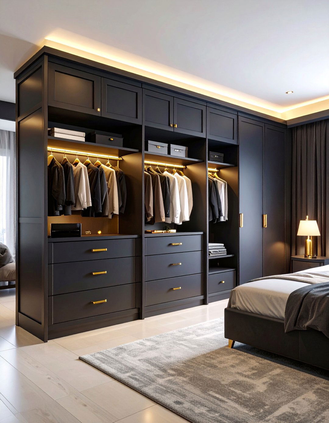 Dark Moody Wardrobe with Brass Accents - 25 Built-in Wardrobe Ideas Around a Bed